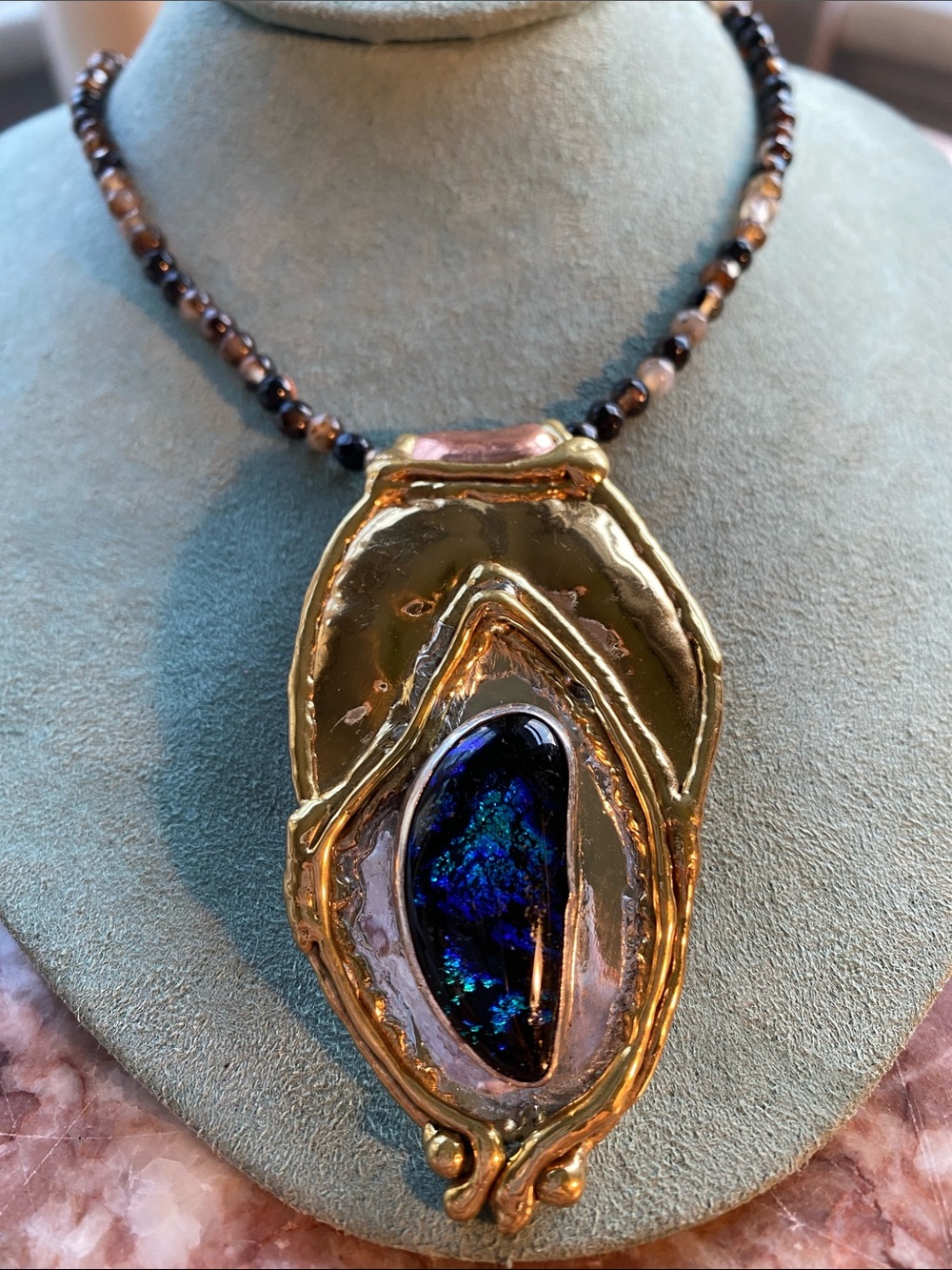 Artisan Mixed Metal Statement Necklace- Blue Dichroic Glass Pendant & Gemstone